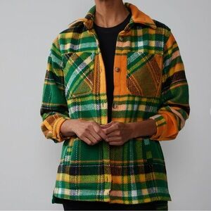 Stoosh Shirt Jacket Shacket Wool Blend Collar Green Orange Plaid Shacket Small